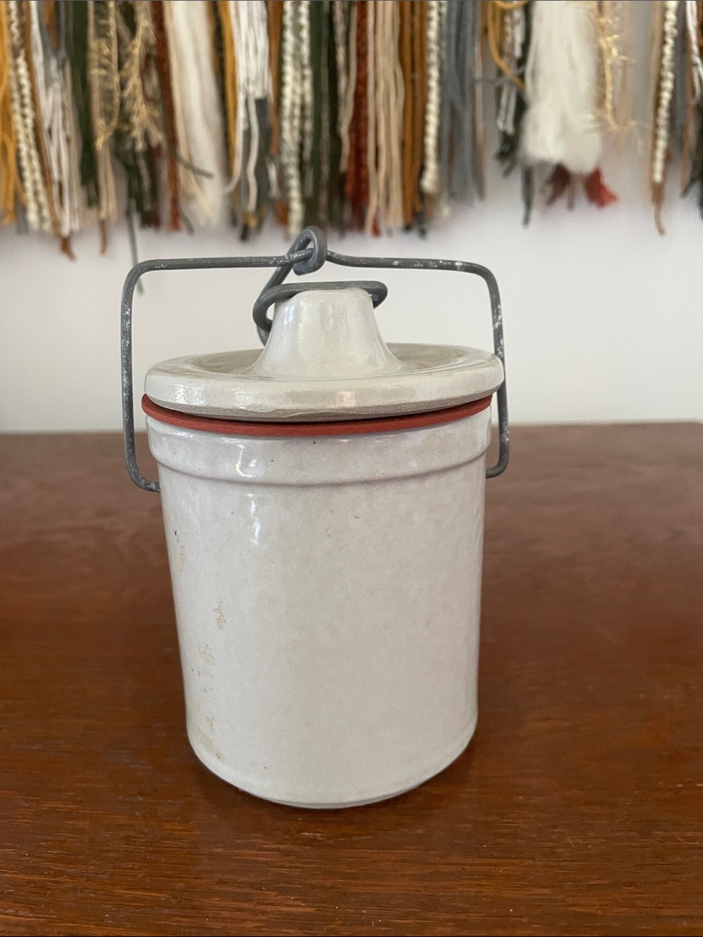 Vintage grey Ceramic Cheese crock  with Metal clamp  Handle -1988